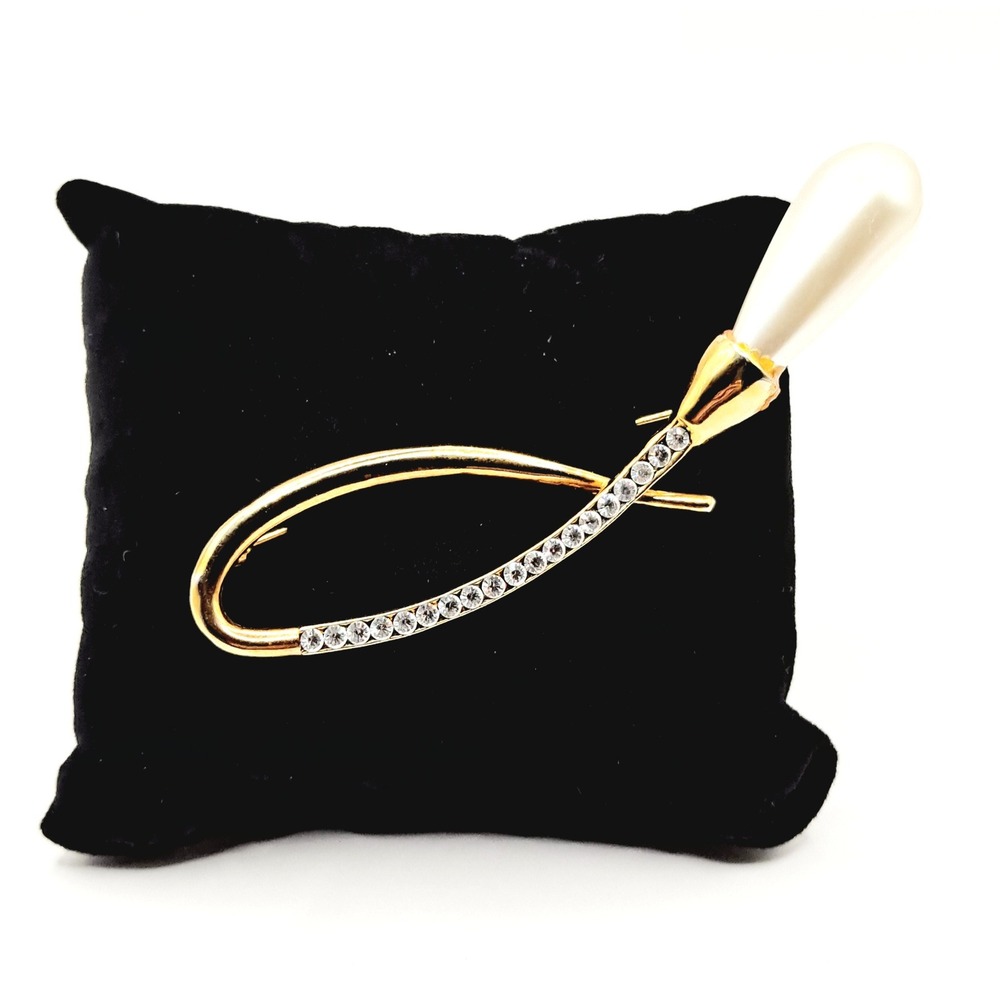 Vintage Rhinestone Brooch Goldtone Calla Lily Faux Pearl Large